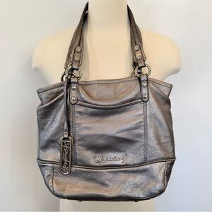 B.Makowsky Metallic Silver Genuine Leather Gold Link Handbag Pocketbook Purse